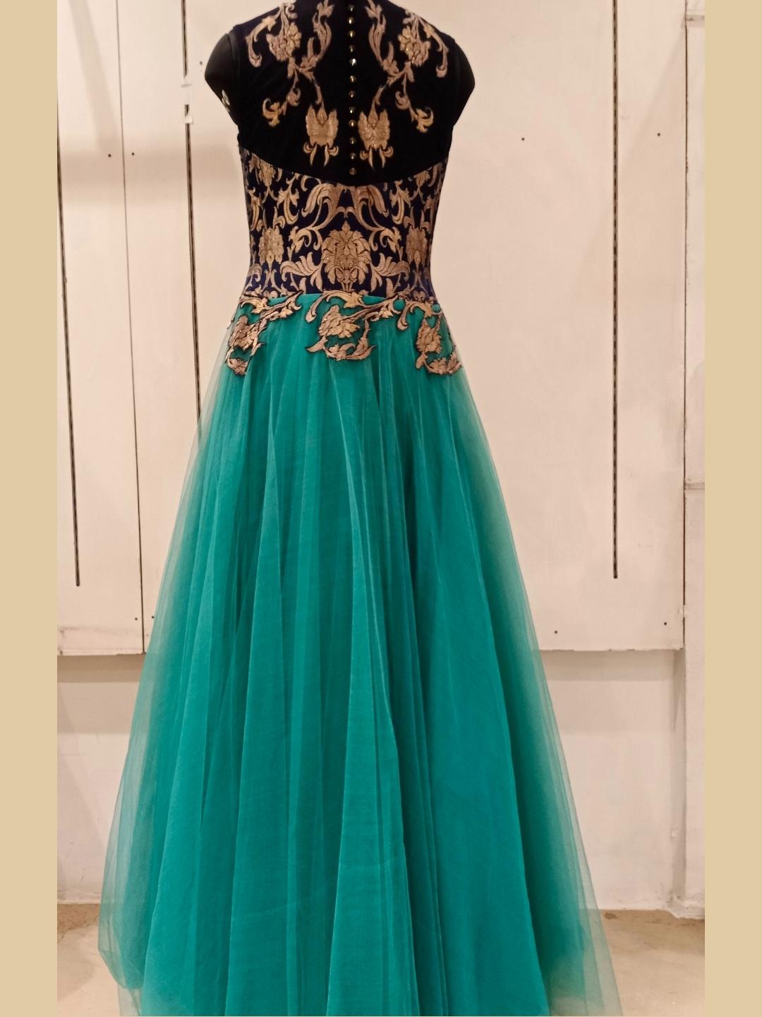 Peacock Shades Embellished Stylized Flared Net Gown Dress