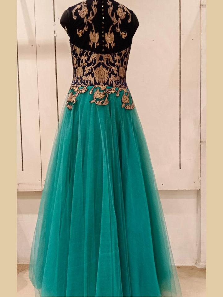 Peacock Shades Embellished Stylized Flared Net Gown Dress