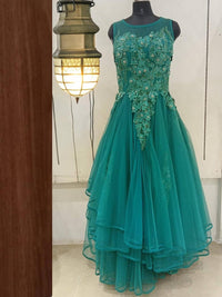 Teal Blue Barbie Style Embellished Stylized Flared Net Gown Dress