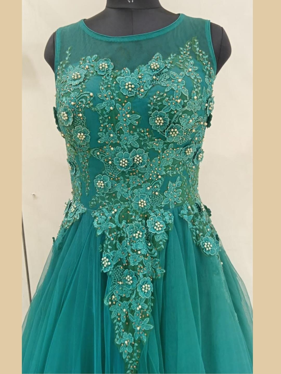 Teal Blue Barbie Style Embellished Stylized Flared Net Gown Dress