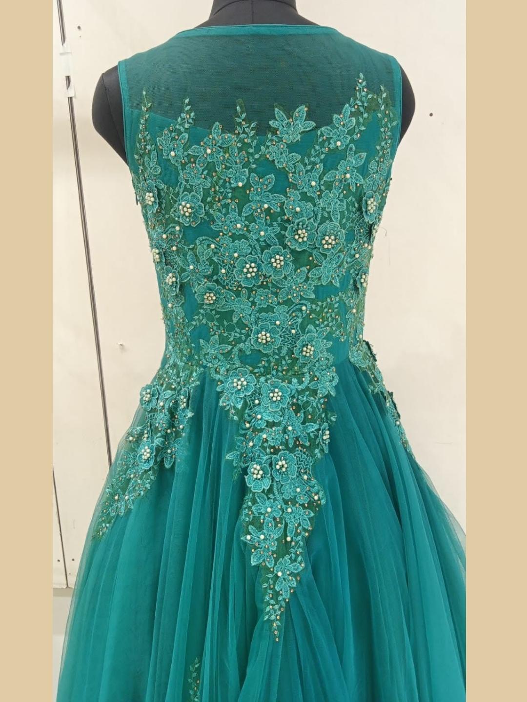 Teal Blue Barbie Style Embellished Stylized Flared Net Gown Dress