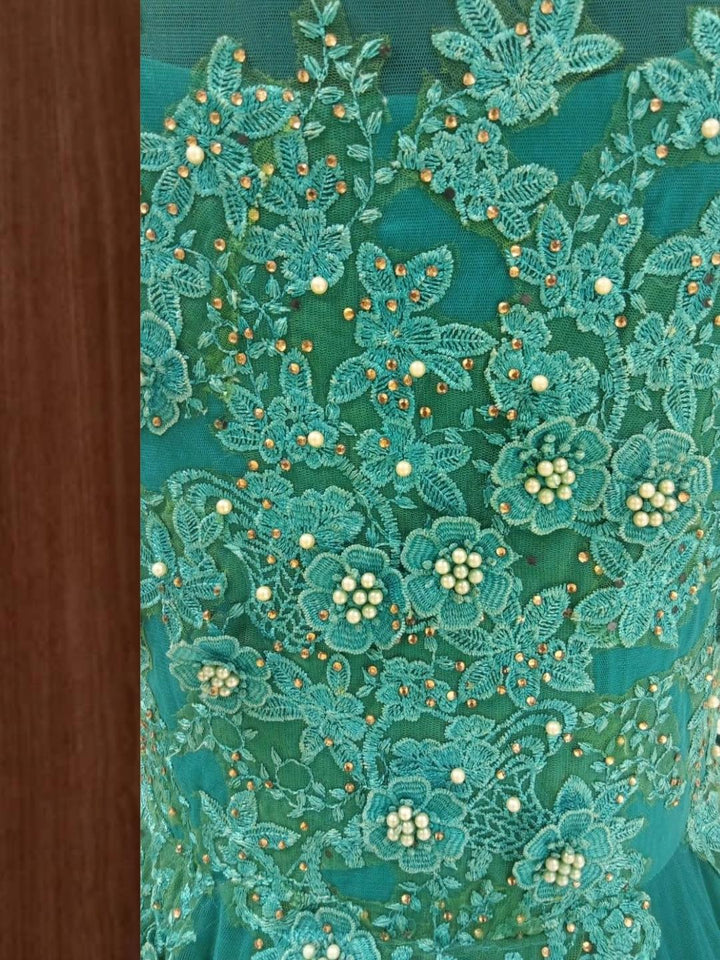 Teal Blue Barbie Style Embellished Stylized Flared Net Gown Dress