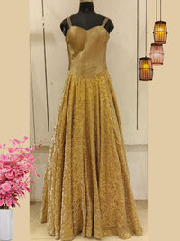 Golden Woven Rich Look Embellished Stylized Long Flared Gown Dress