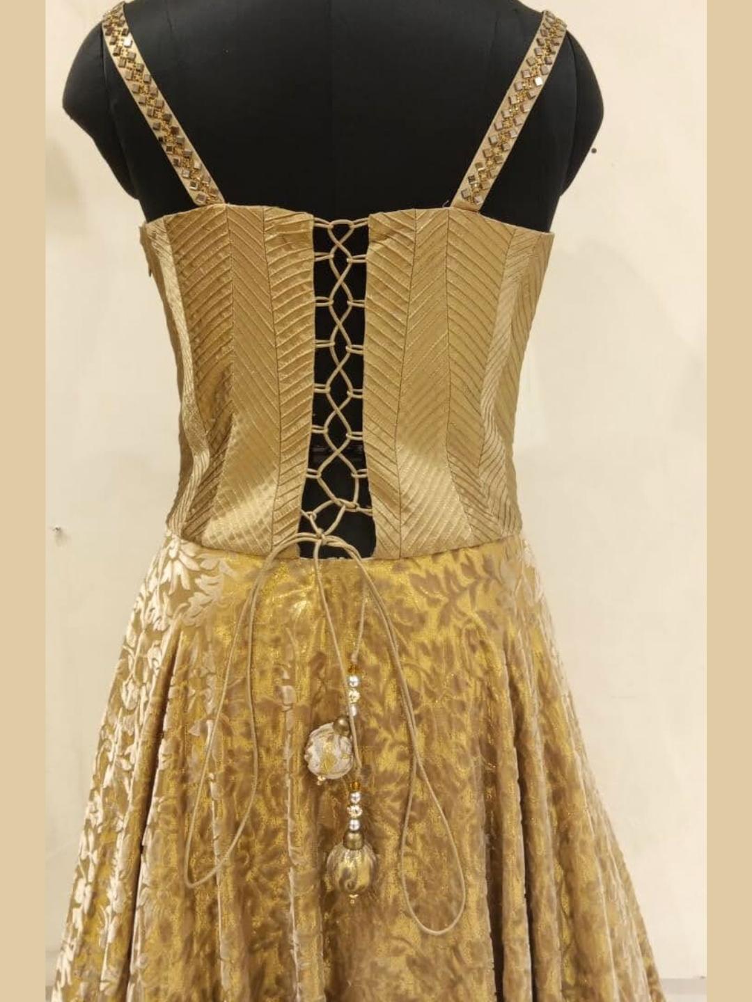 Golden Woven Rich Look Embellished Stylized Long Flared Gown Dress