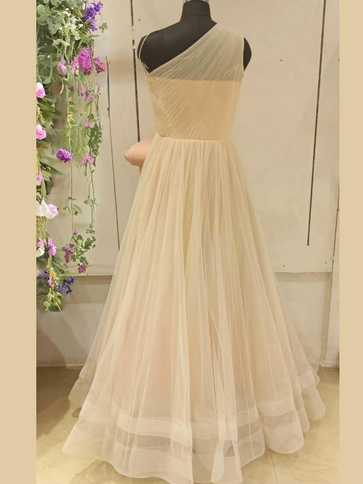 Light Shades Barbie Style Embellished One-Shoulder Long Flared Net Gown Dress