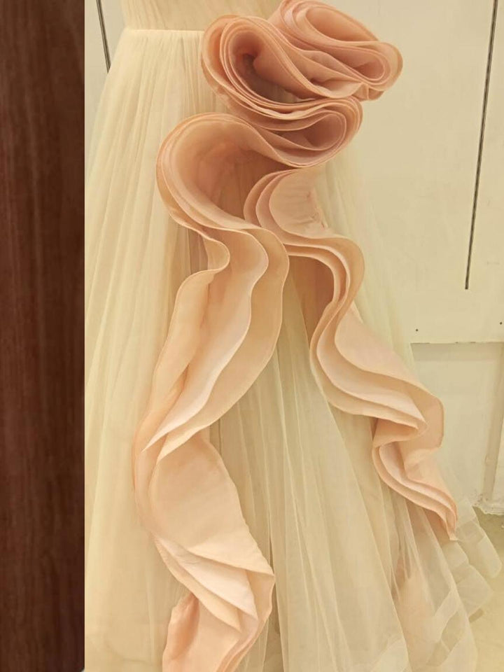 Light Shades Barbie Style Embellished One-Shoulder Long Flared Net Gown Dress