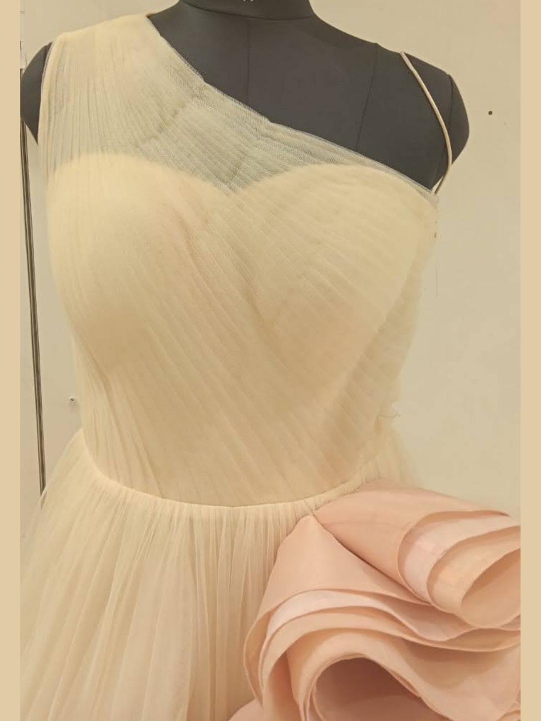 Light Shades Barbie Style Embellished One-Shoulder Long Flared Net Gown Dress