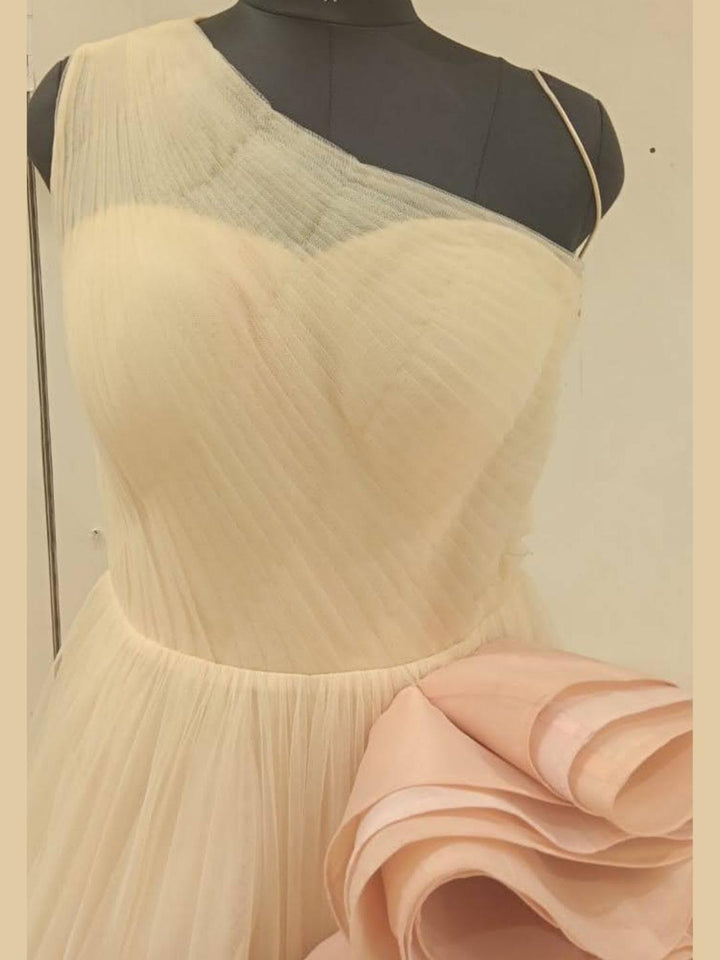 Light Shades Barbie Style Embellished One-Shoulder Long Flared Net Gown Dress