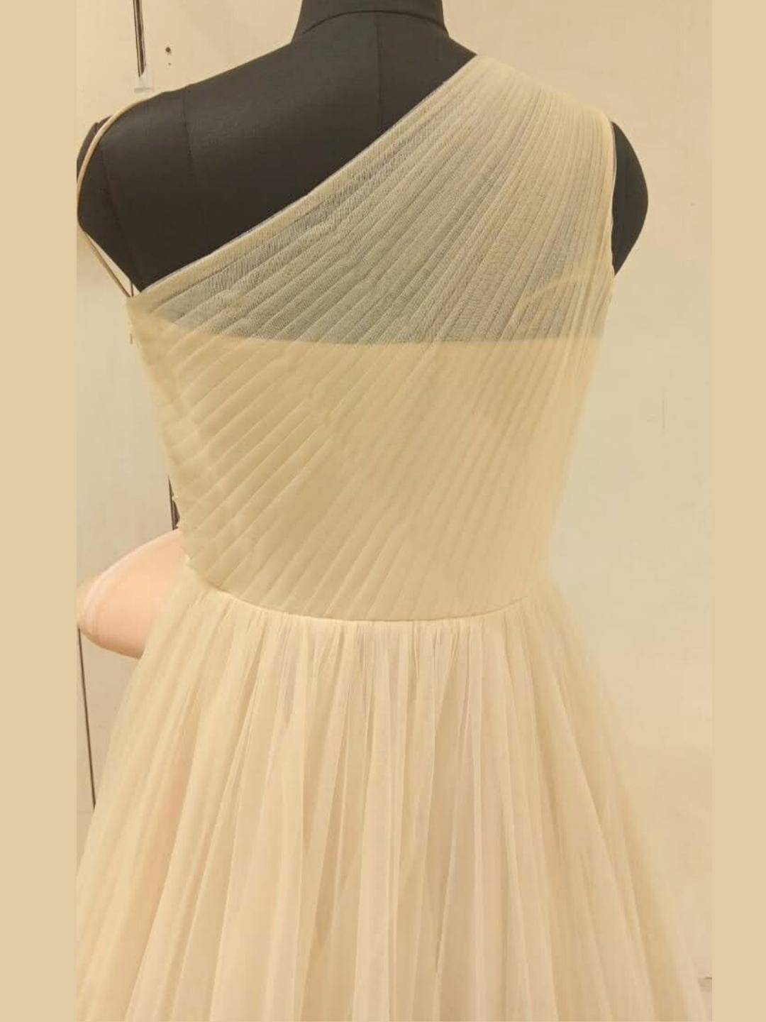 Light Shades Barbie Style Embellished One-Shoulder Long Flared Net Gown Dress