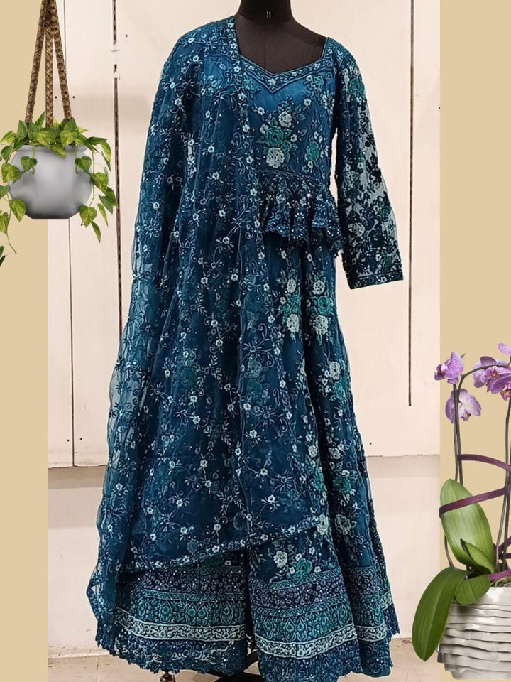 Blue Floral Resham & Stone Embroidered Embellished Barbie Style Gown Dress