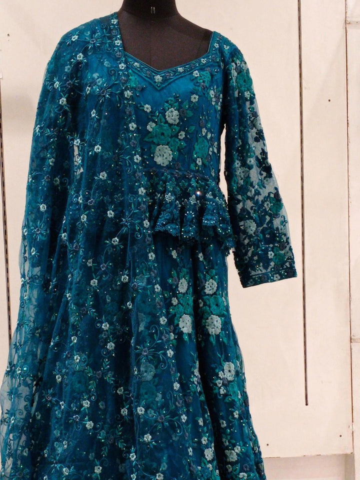 Blue Floral Resham & Stone Embroidered Embellished Barbie Style Gown Dress