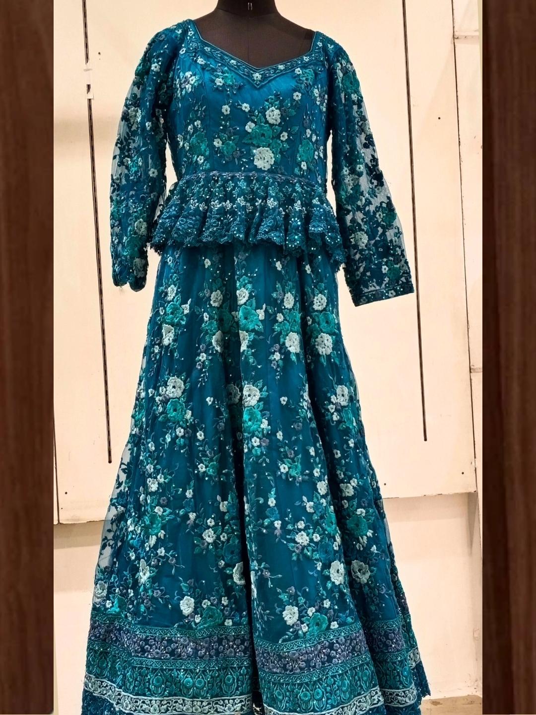 Blue Floral Resham & Stone Embroidered Embellished Barbie Style Gown Dress