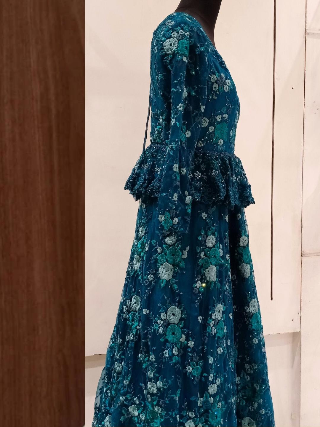 Blue Floral Resham & Stone Embroidered Embellished Barbie Style Gown Dress