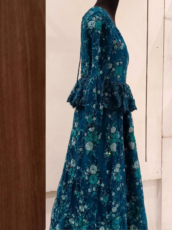 Blue Floral Resham & Stone Embroidered Embellished Barbie Style Gown Dress