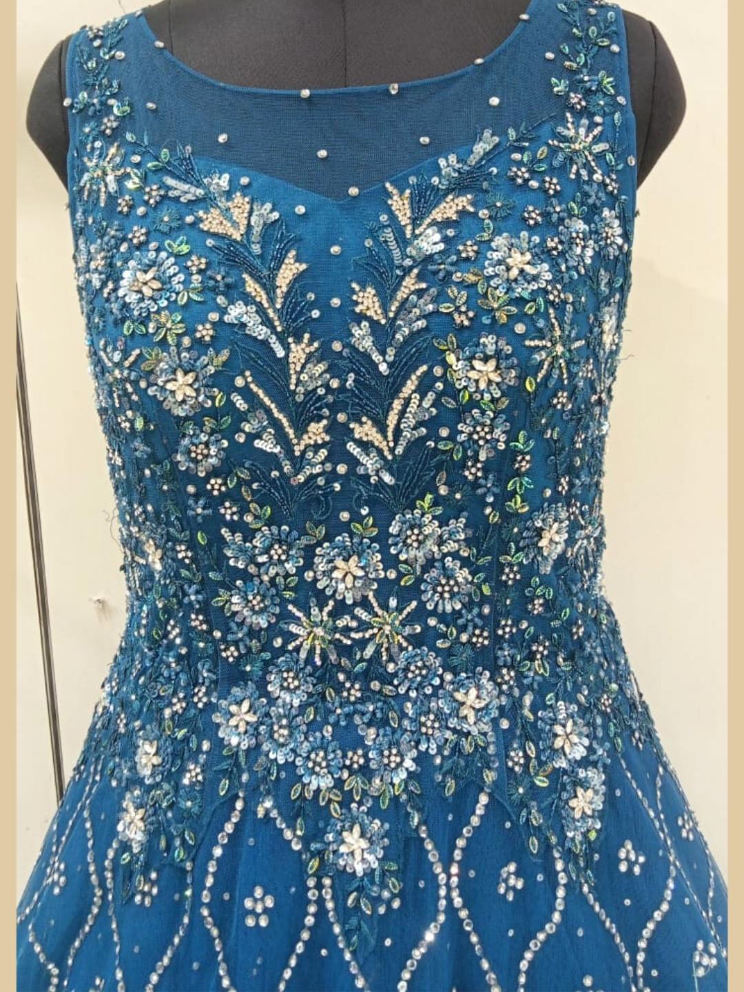 Bright Blue Heavy Work Embellished Long Flared Net Gown Dress