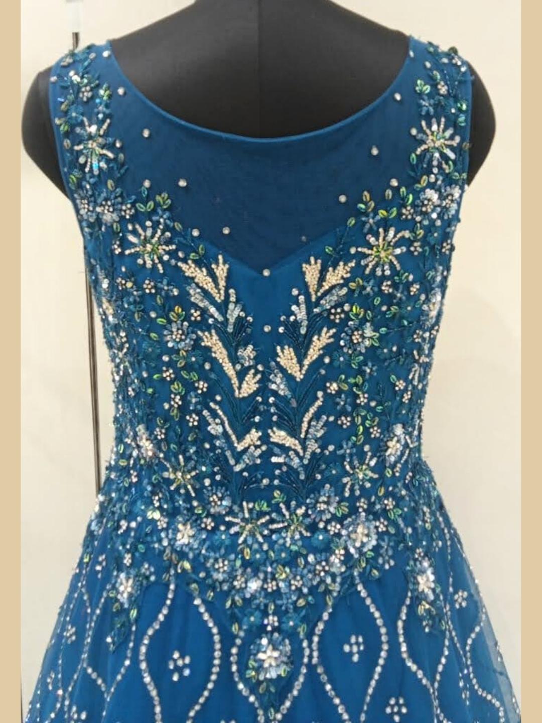 Bright Blue Heavy Work Embellished Long Flared Net Gown Dress