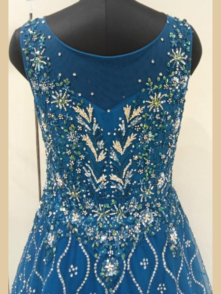 Bright Blue Heavy Work Embellished Long Flared Net Gown Dress