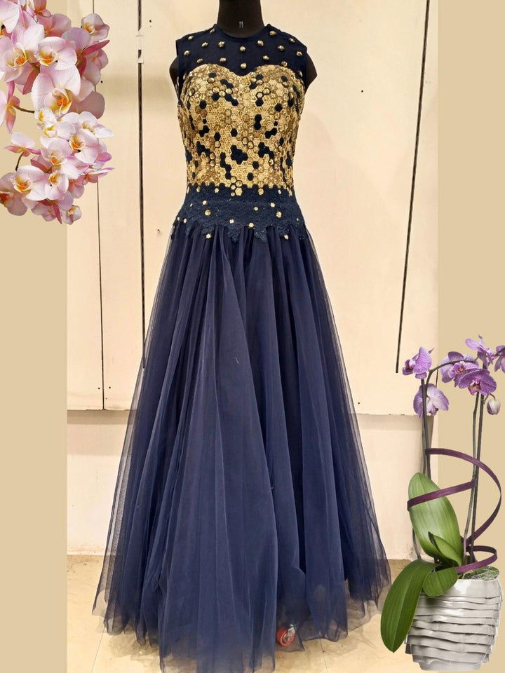 Navy Blue Golden Work Embellished Long Flared Net Gown Dress