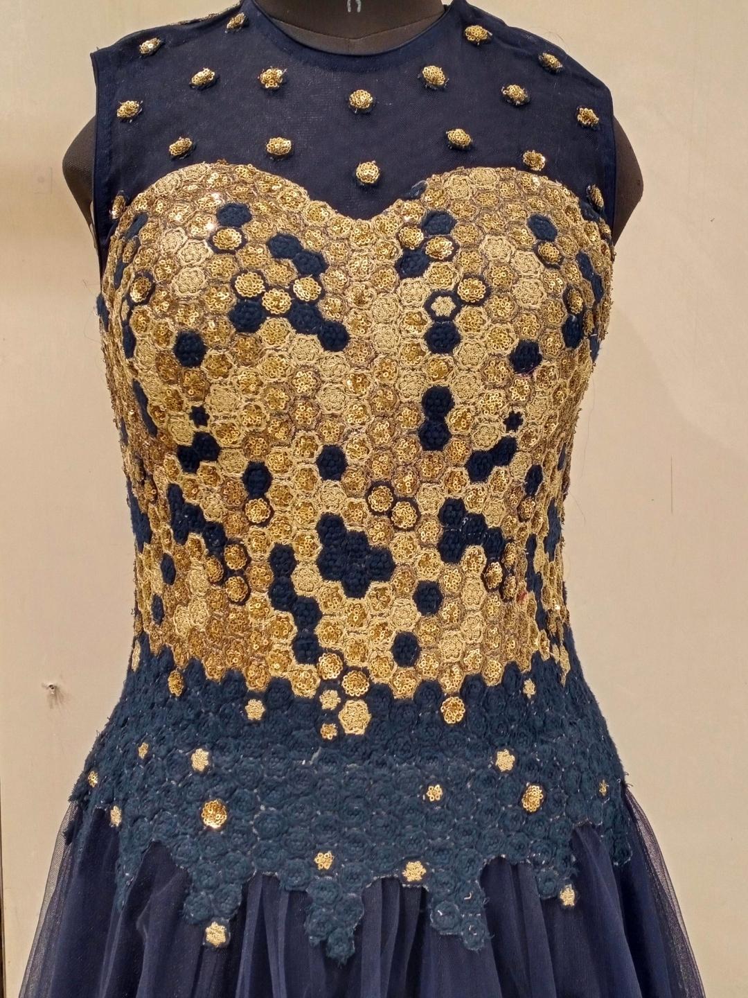 Navy Blue Golden Work Embellished Long Flared Net Gown Dress Chhabra 555 Navy Blue Golden Work Embellished Long Flared Net Gown Dress Chhabra 555