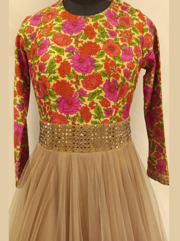 Multi Color Floral Printed Long Flared Backless Net Gown Dress