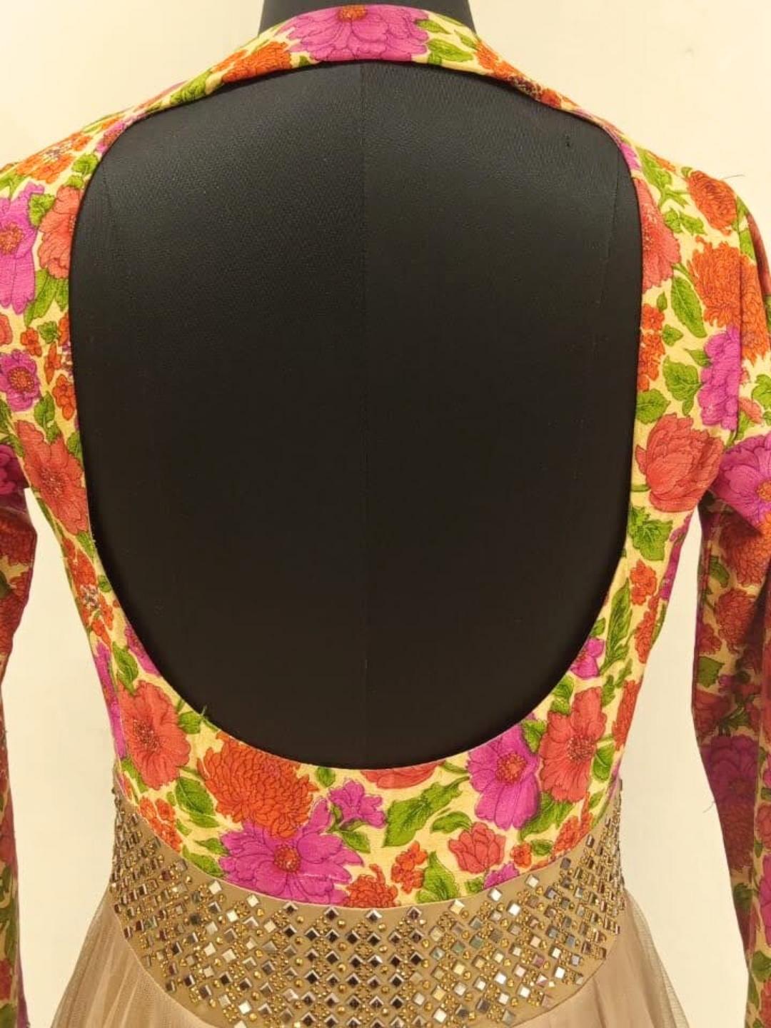 Multi Color Floral Printed Long Flared Backless Net Gown Dress