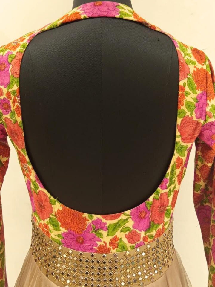 Multi Color Floral Printed Long Flared Backless Net Gown Dress