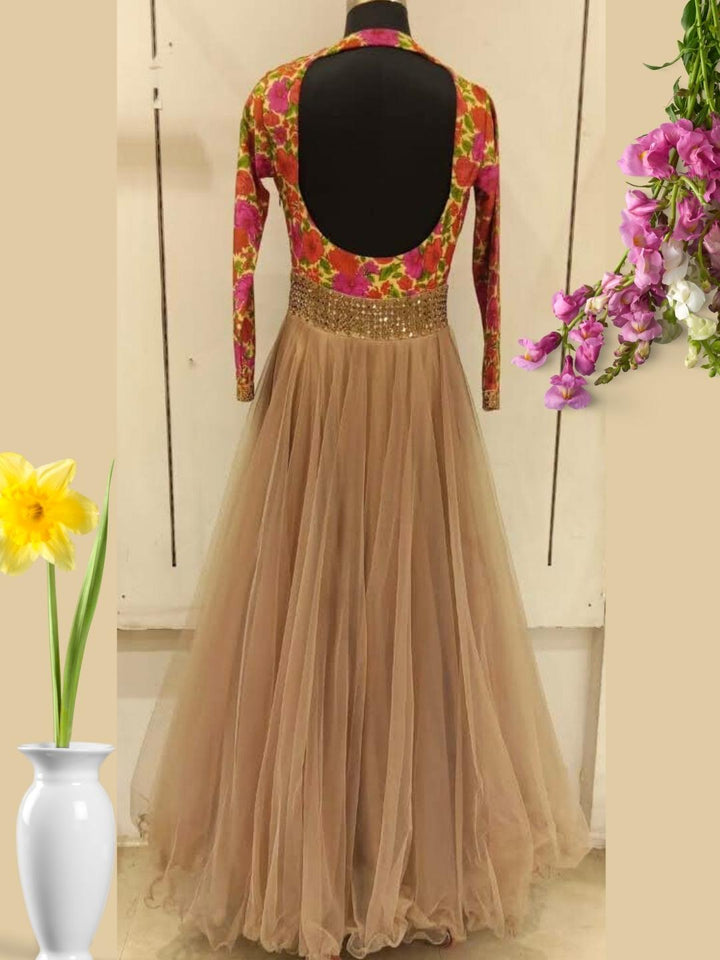 Multi Color Floral Printed Long Flared Backless Net Gown Dress
