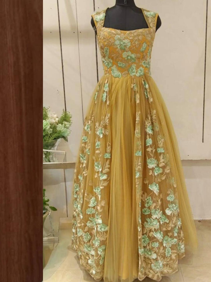Rose Gold Patch Work Floral Embellished Long Flared Backless Net Gown Dress
