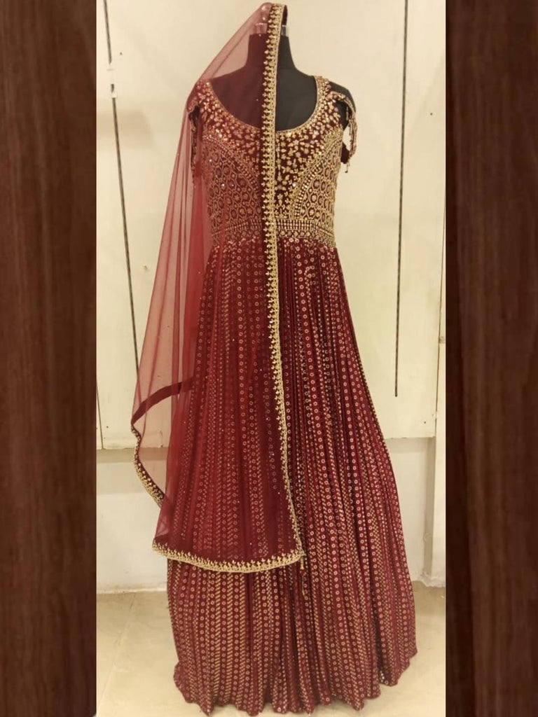 Maroon Bridal Golden Zari Embroidered Long Flared Printed Net Gown Dre Chhabra 555 Maroon Bridal Golden Zari Embroidered Long Flared Printed Net Gown Dre Chhabra 555