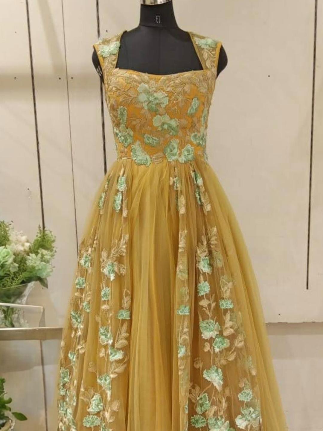 Rose Gold Patch Work Floral Embellished Long Flared Backless Net Gown Dress