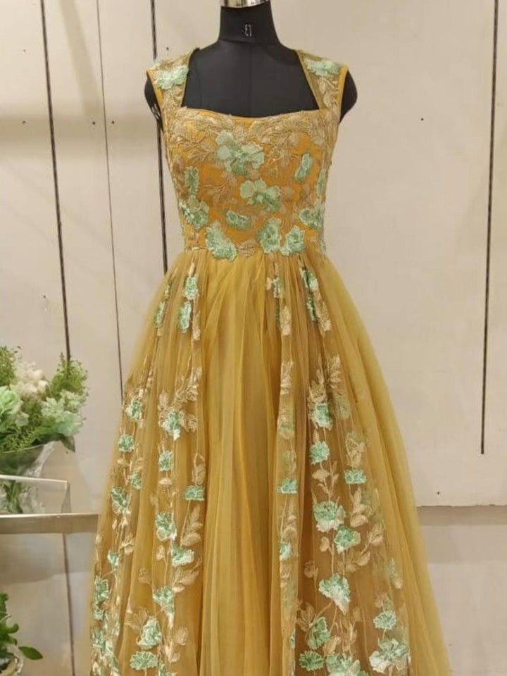Rose Gold Patch Work Floral Embellished Long Flared Backless Net Gown Dress