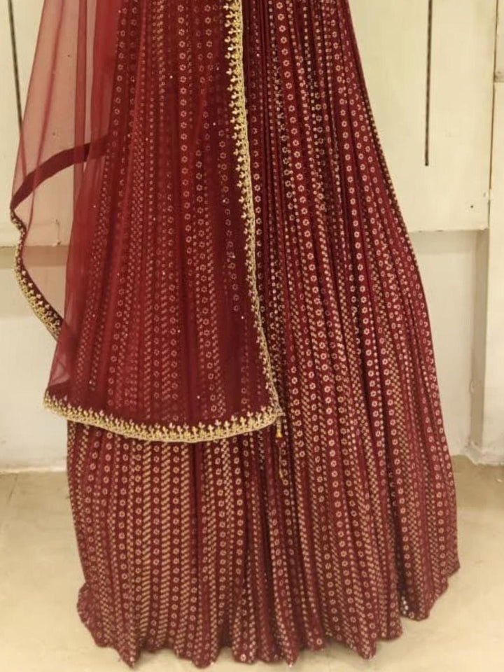 Maroon Bridal Golden Zari Embroidered Long Flared Printed Net Gown Dress With Net Dupatta