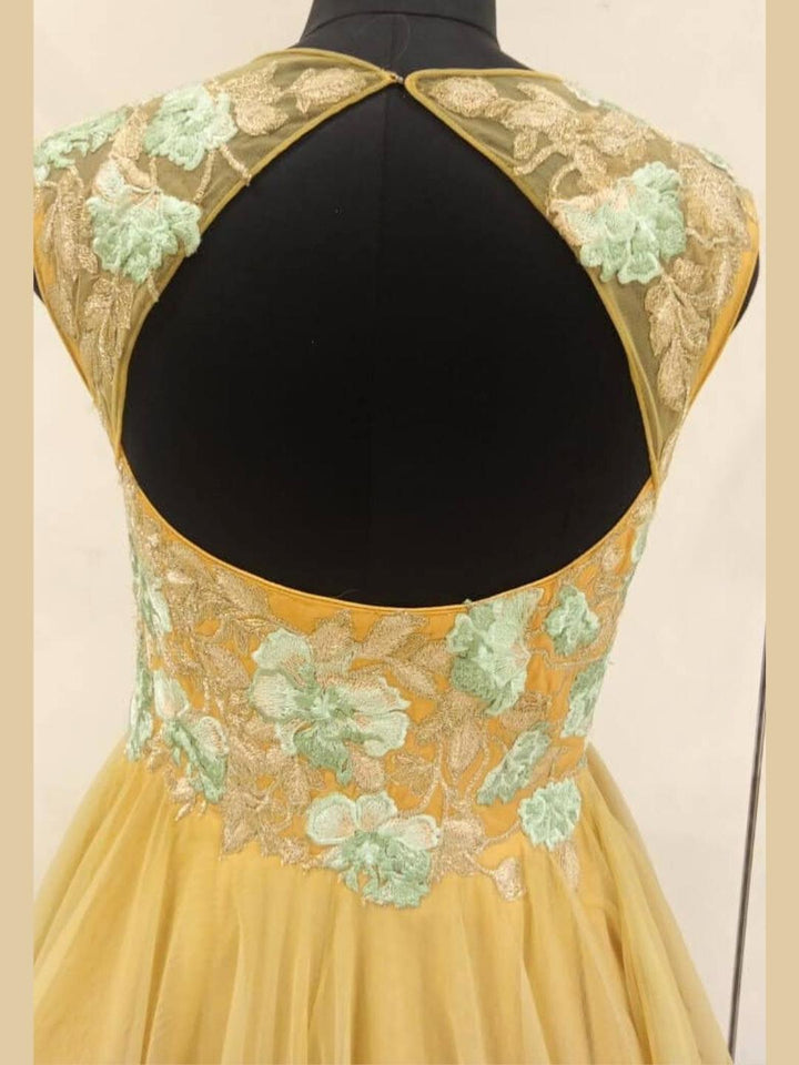 Rose Gold Patch Work Floral Embellished Long Flared Backless Net Gown Dress