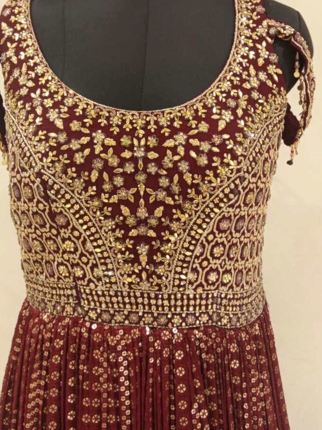 Maroon Bridal Golden Zari Embroidered Long Flared Printed Net Gown Dress With Net Dupatta