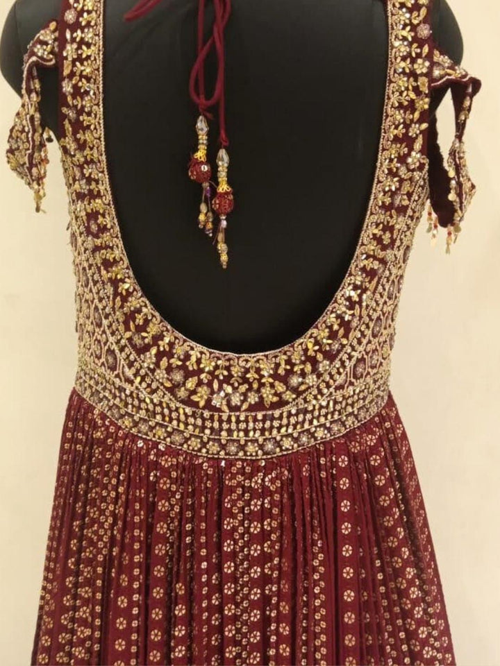Maroon Bridal Golden Zari Embroidered Long Flared Printed Net Gown Dress With Net Dupatta