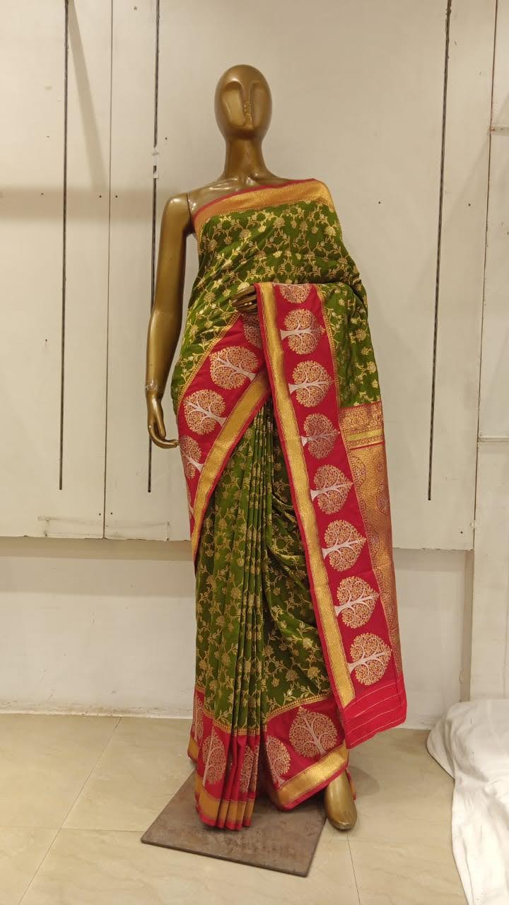Chhabra 555 Mehandi Green Zari Woven Embellished Saree With Beautiful Bold Contrast Border and Pallu