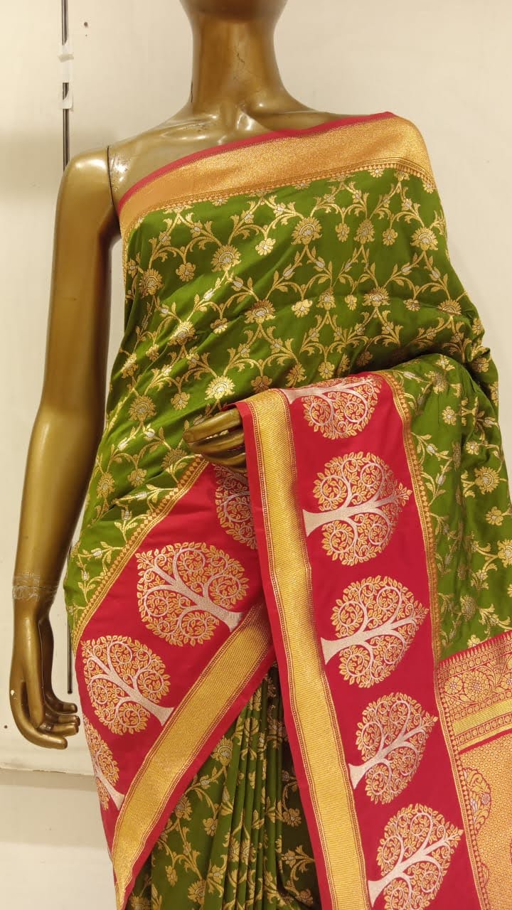 Chhabra 555 Mehandi Green Zari Woven Embellished Saree With Beautiful Bold Contrast Border and Pallu