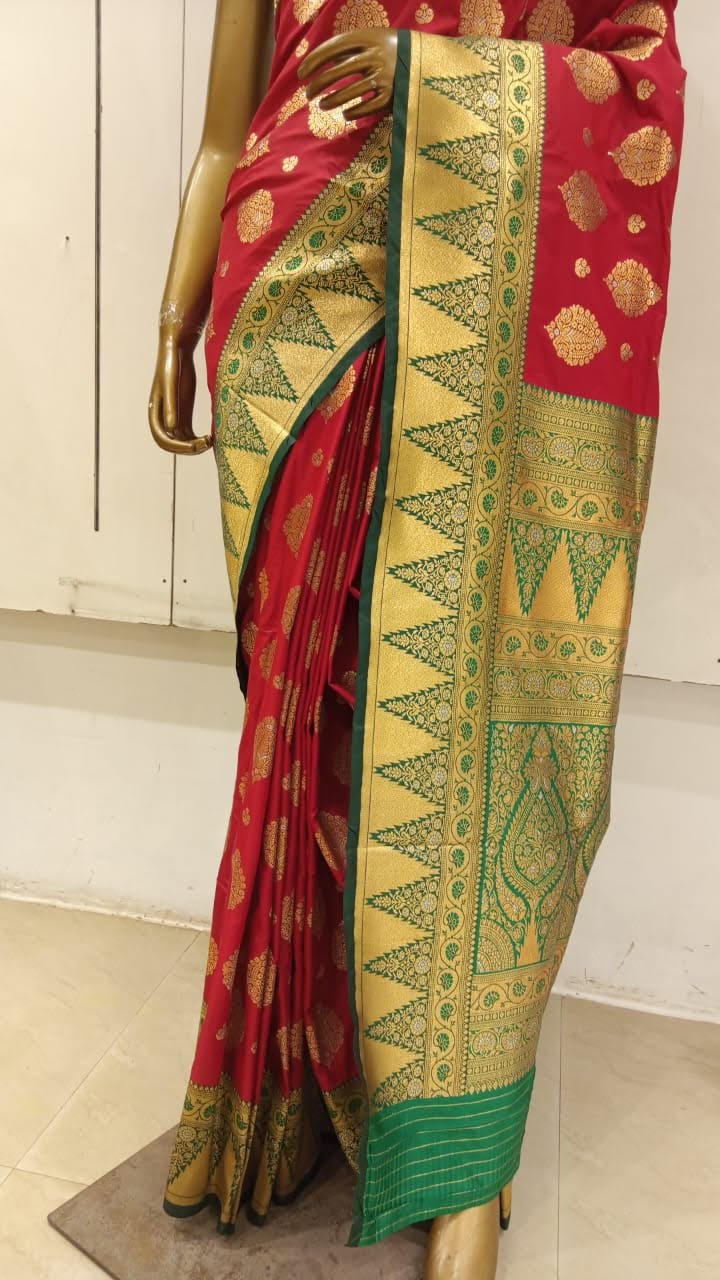 Chhabra 555 Red Banarasi Bridal Traditional Saree With Contrast Pallu