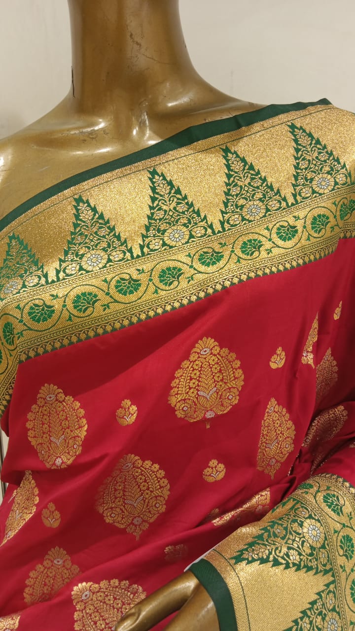 Chhabra 555 Red Banarasi Bridal Traditional Saree With Contrast Pallu