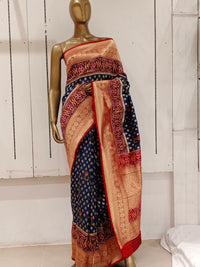 Chhabra 555 Navy Blue Banarasi Silk Blend Ethnic Saree Embellished With Bold Border