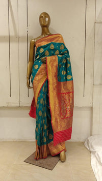 Chhabra 555 Teal Blue Bright Zari Embellished Silk Blend Saree With Contrast Border & Pallu
