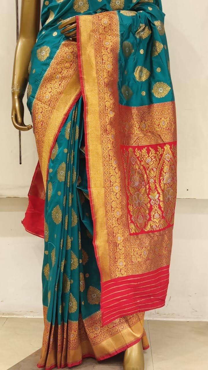 Chhabra 555 Teal Blue Bright Zari Embellished Silk Blend Saree With Contrast Border & Pallu
