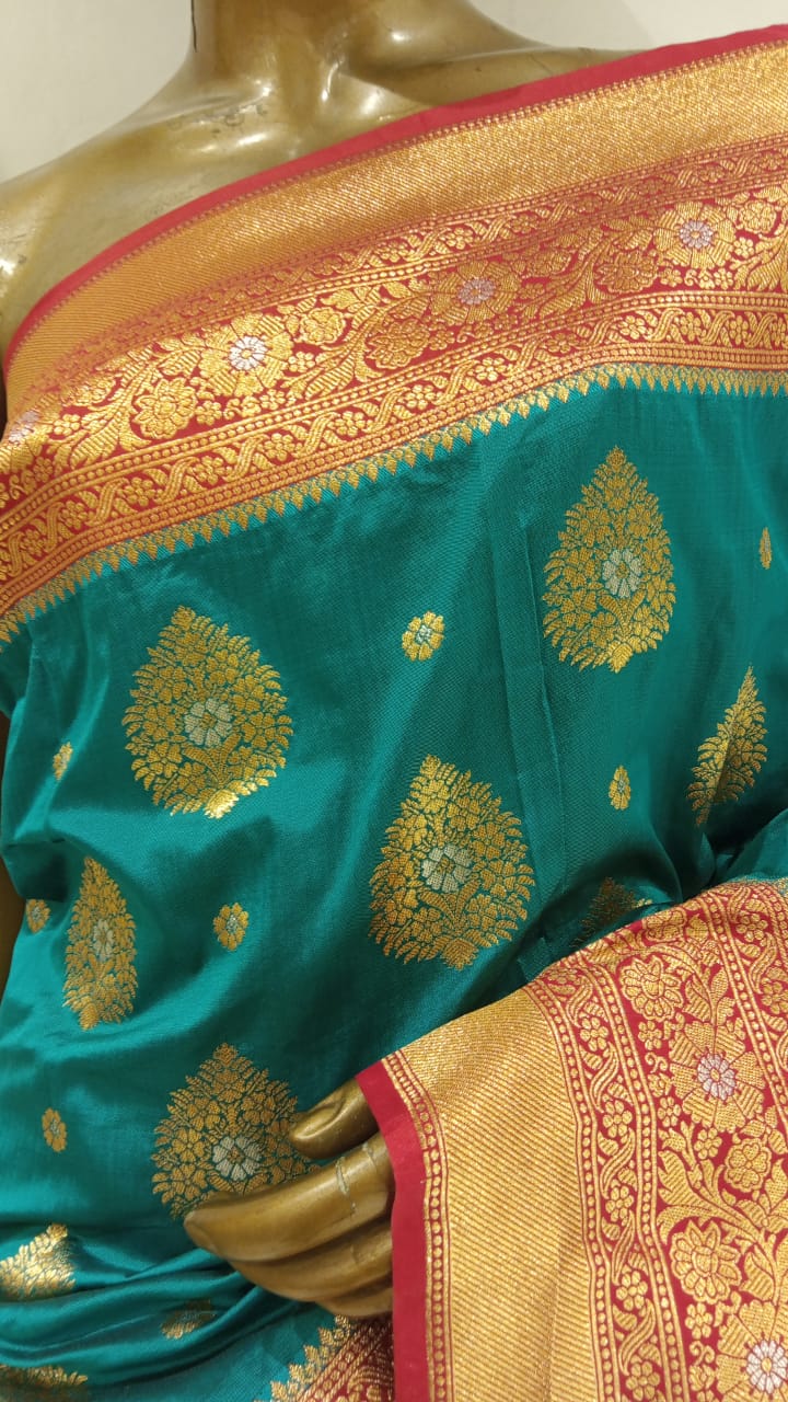 Chhabra 555 Teal Blue Bright Zari Embellished Silk Blend Saree With Contrast Border & Pallu