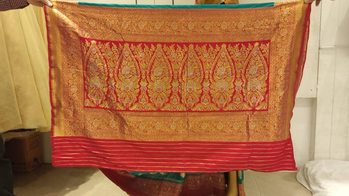 Chhabra 555 Teal Blue Bright Zari Embellished Silk Blend Saree With Contrast Border & Pallu