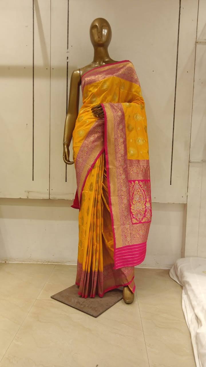 Chhabra 555 Yellow Zari Woven Ethnic Motifs Embellished Saree With Contrast Pallu