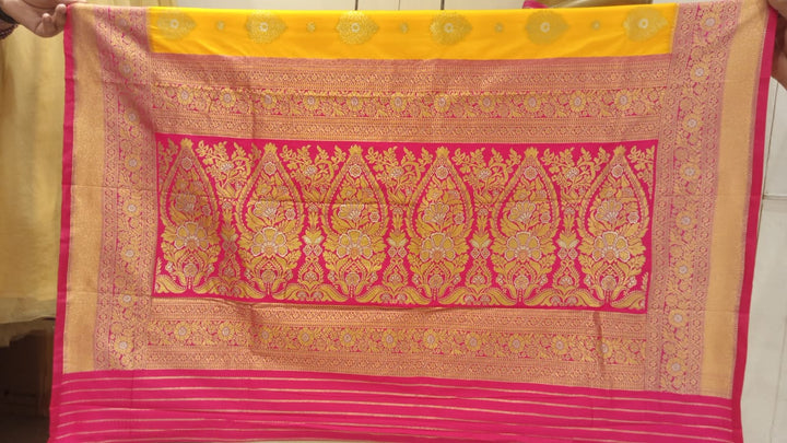 Chhabra 555 Yellow Zari Woven Ethnic Motifs Embellished Saree With Contrast Pallu