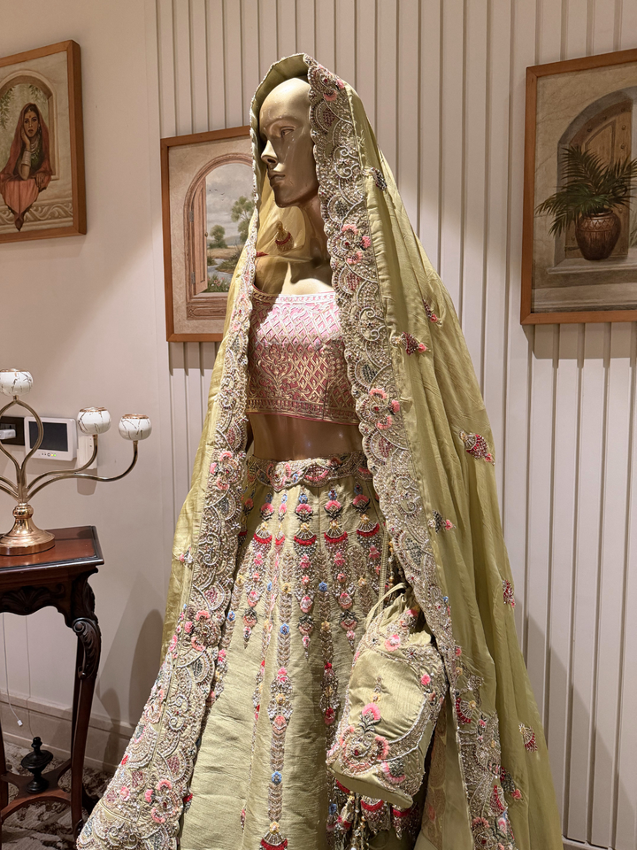 Heavy Multicolor Resham & Zari Embroidered Bridal Lehenga Set with Dupatta in Sage Green