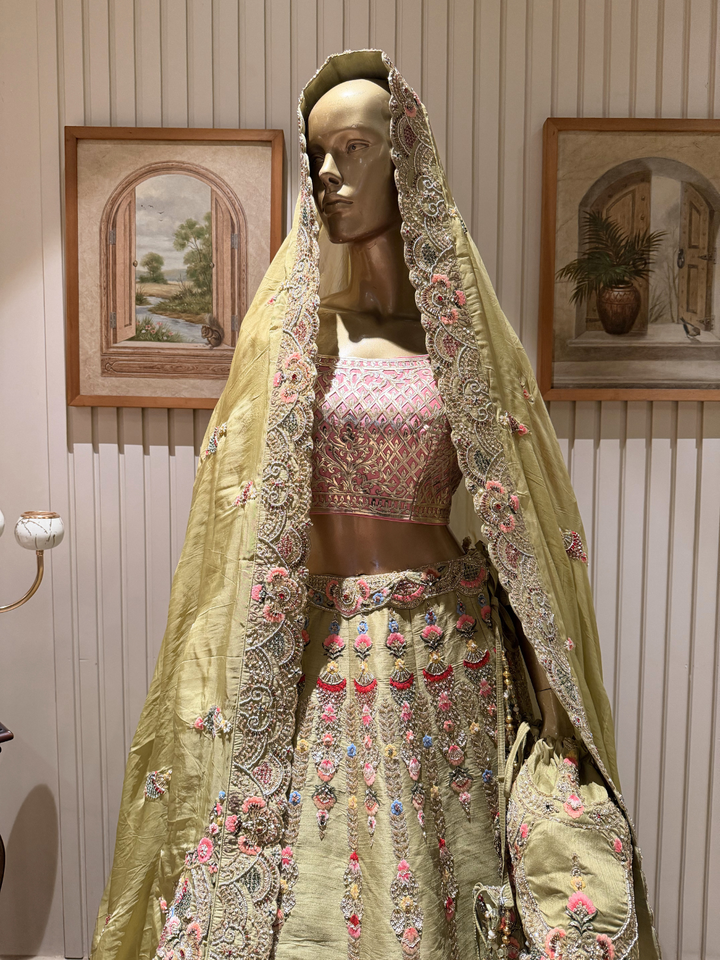 Heavy Multicolor Resham & Zari Embroidered Bridal Lehenga Set with Dupatta in Sage Green