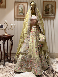 Heavy Multicolor Resham & Zari Embroidered Bridal Lehenga Set with Dupatta in Sage Green