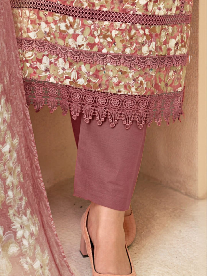 Cotton Floral Printed & Lace Detailed Unstitched Suit Dupatta in Dusty Pink